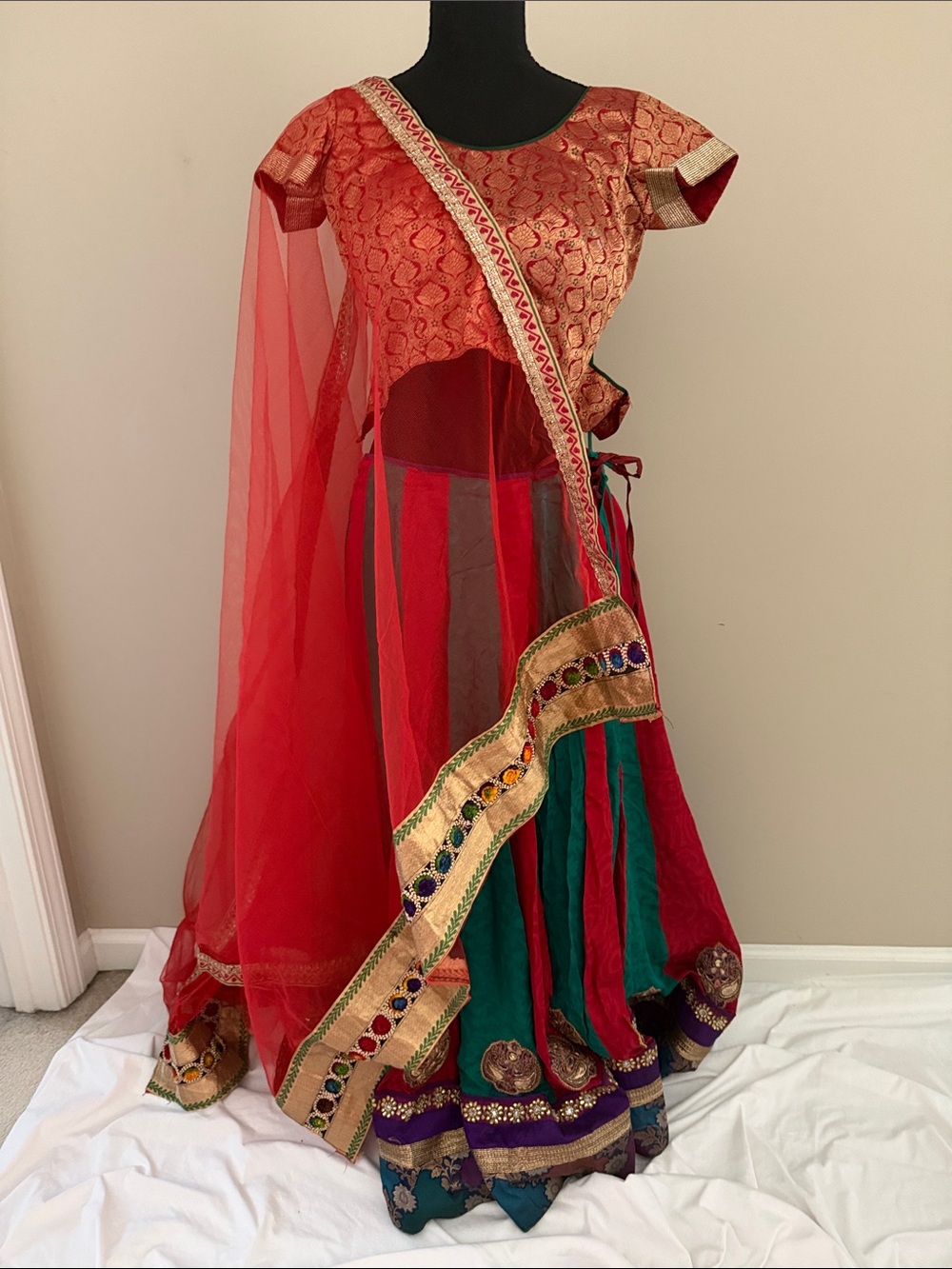 Red & Green Embroidered Indian Lehenga Skirt Set